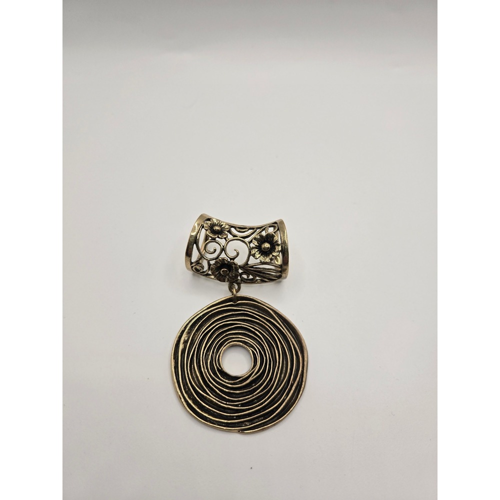 Vintage Bronze Tone Floral Filigree Scarf Slide Spiral Disc Pendant Accessory